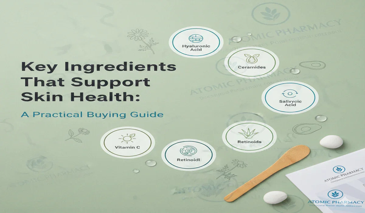 Key skincare ingredients like Hyaluronic Acid, Retinoids, and Vitamin C for healthy skin guide