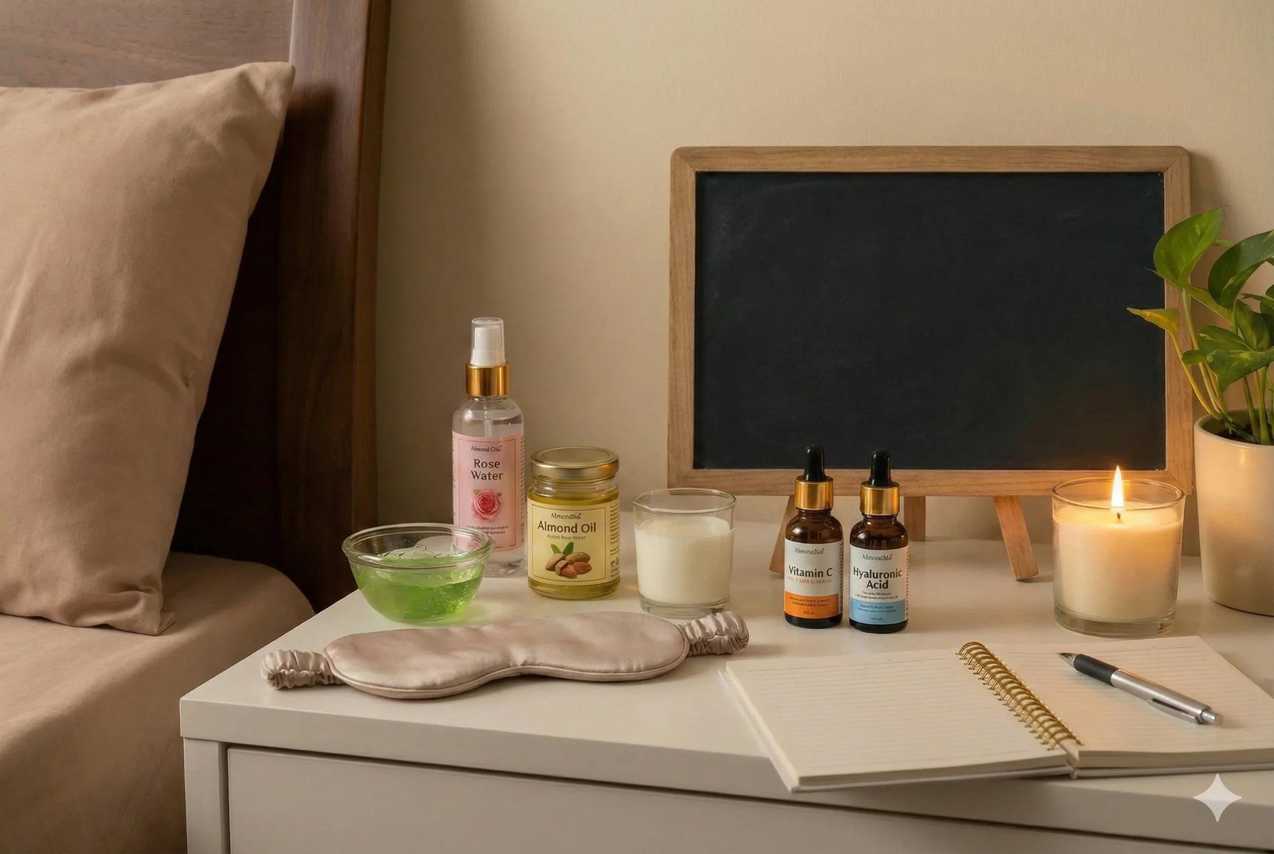 Nightstand with rose water, almond oil, Vitamin C and hyaluronic acid serums, candle, and sleep mask