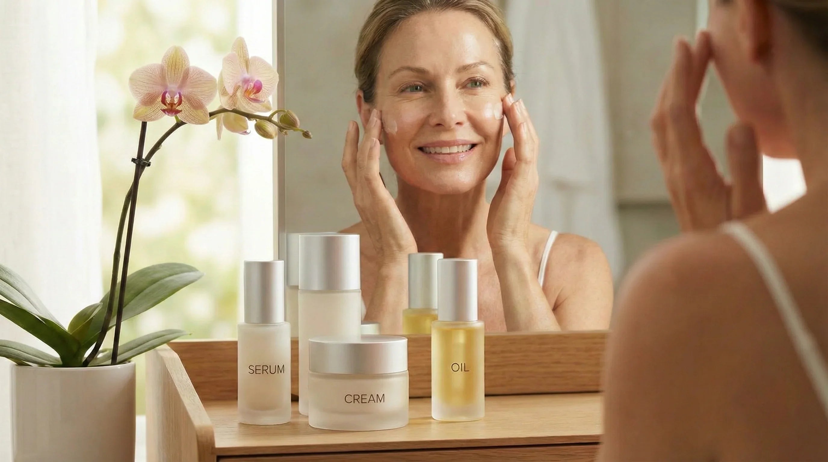 Woman applying skincare cream and serum, with oil and orchid beside mirror for radiant skin routine