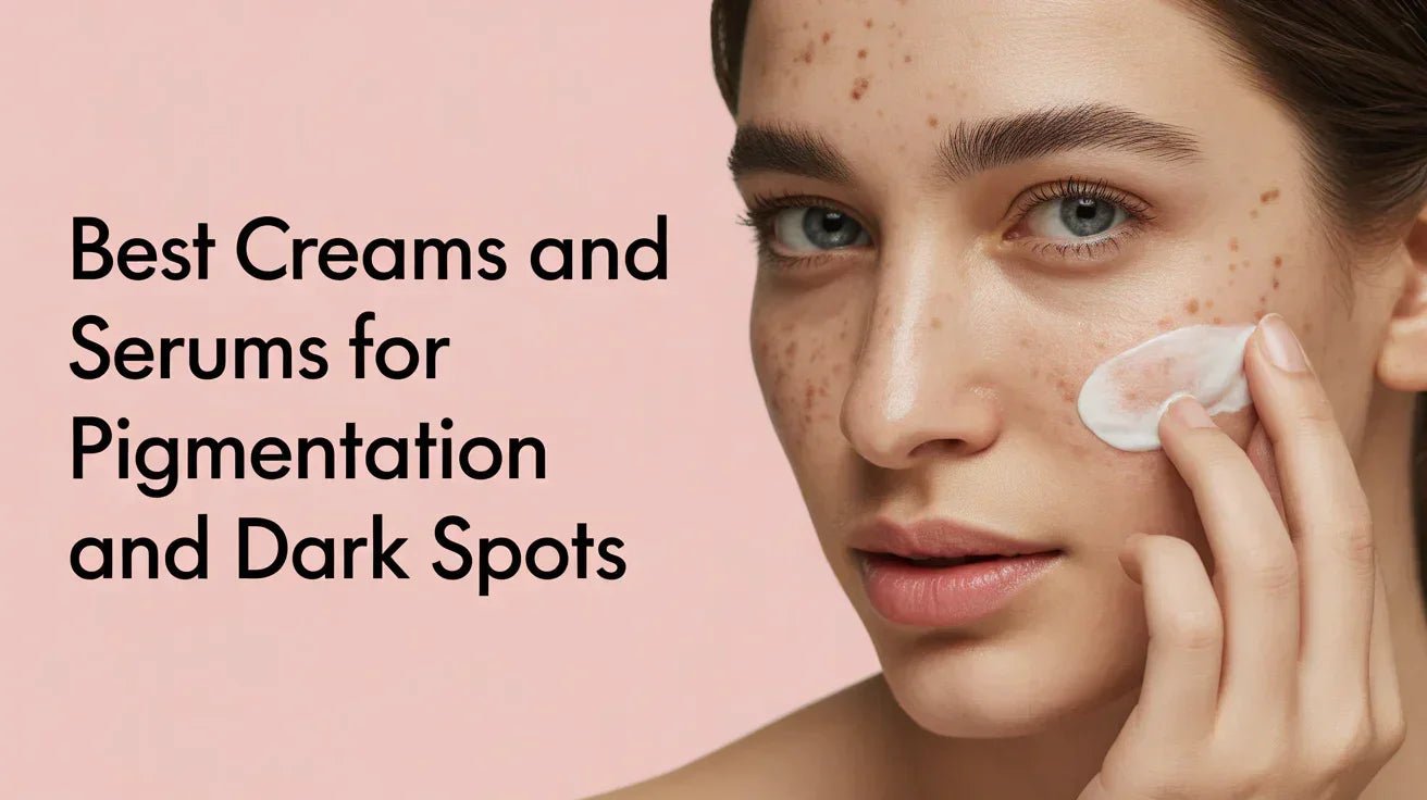 Woman applying cream to face, skincare for pigmentation and dark spots, light pink background.