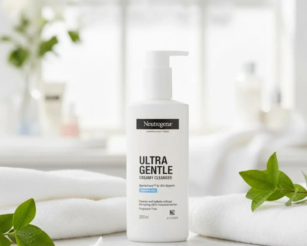 Neutrogena Ultra Gentle Creamy Cleanser pump bottle on a clean white towel with green leaves