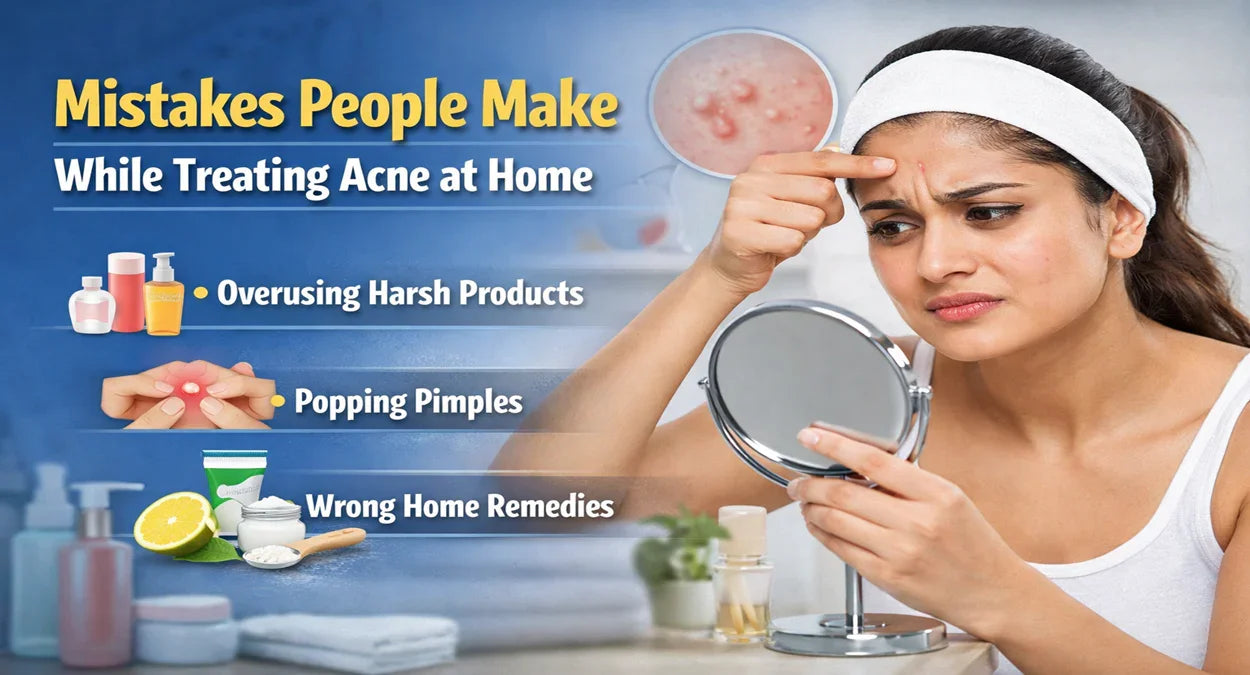 Woman examining acne in mirror with text about common skincare mistakes at home
