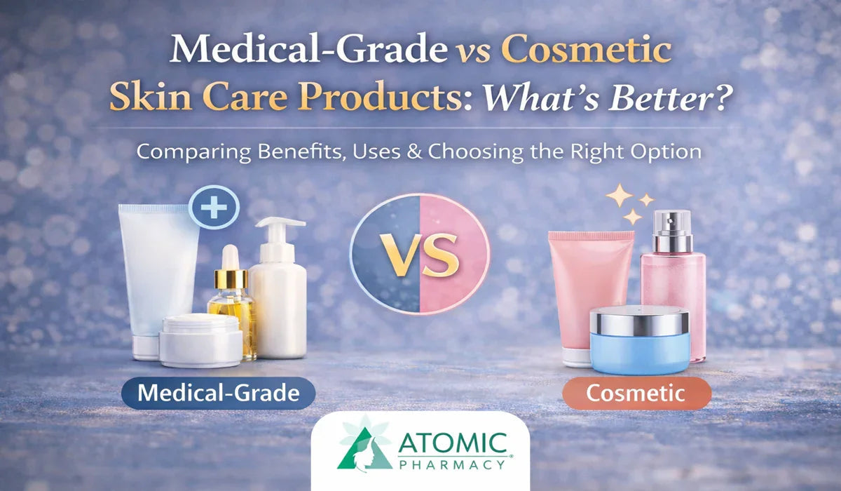 Medical-grade vs cosmetic skincare products comparison with labeled bottles and creams