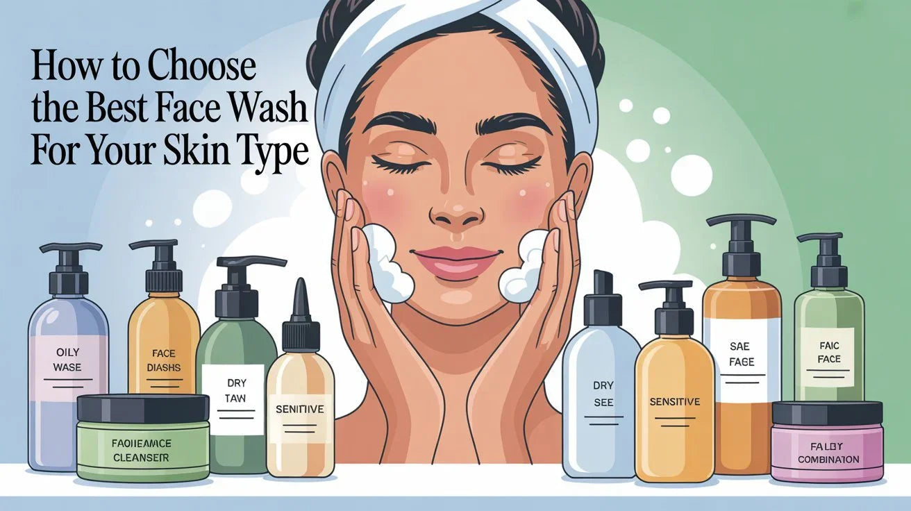 Illustration of woman washing face with various face wash bottles for different skin types