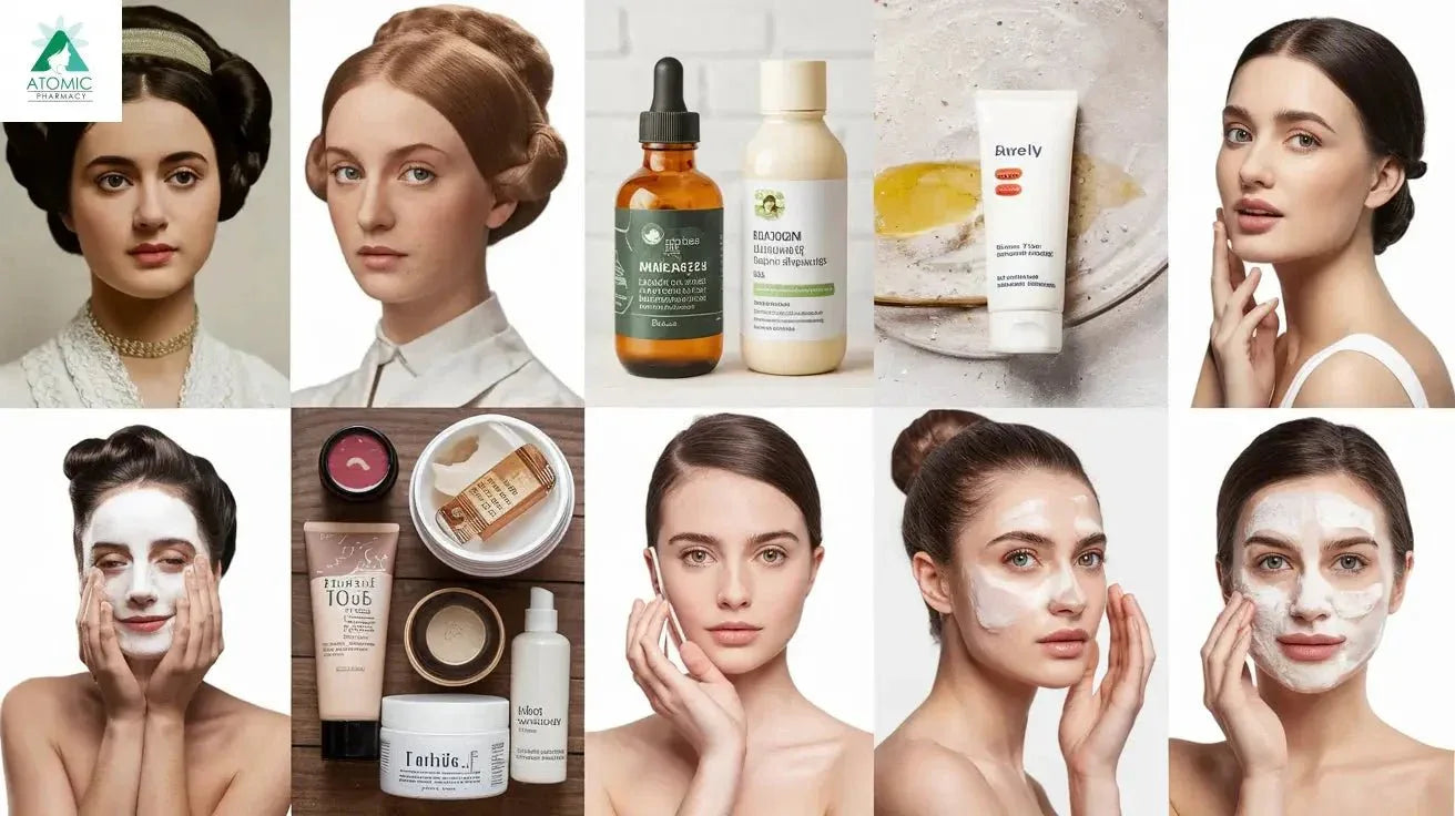 Collage showing women with different historical and modern skincare, beauty products, and skincare routines.