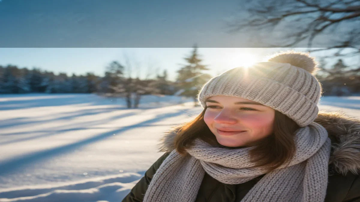 Woman with winter skincare in snowy landscape, wearing knit hat and scarf, sunlight in background