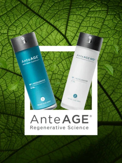 AnteAGE skin serum and accelerator bottles on a green leaf background, skincare product