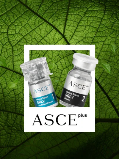 ASCE Plus Derma Signal SRLV vials with powder and solvent on green leaf background