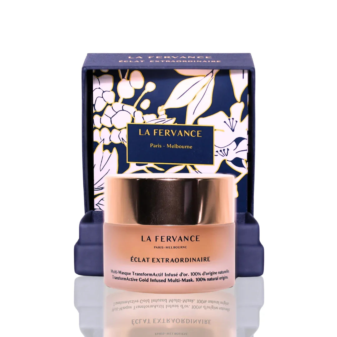 Cosmetic jar with gold lid and 'La Fervance' packaging on a white background