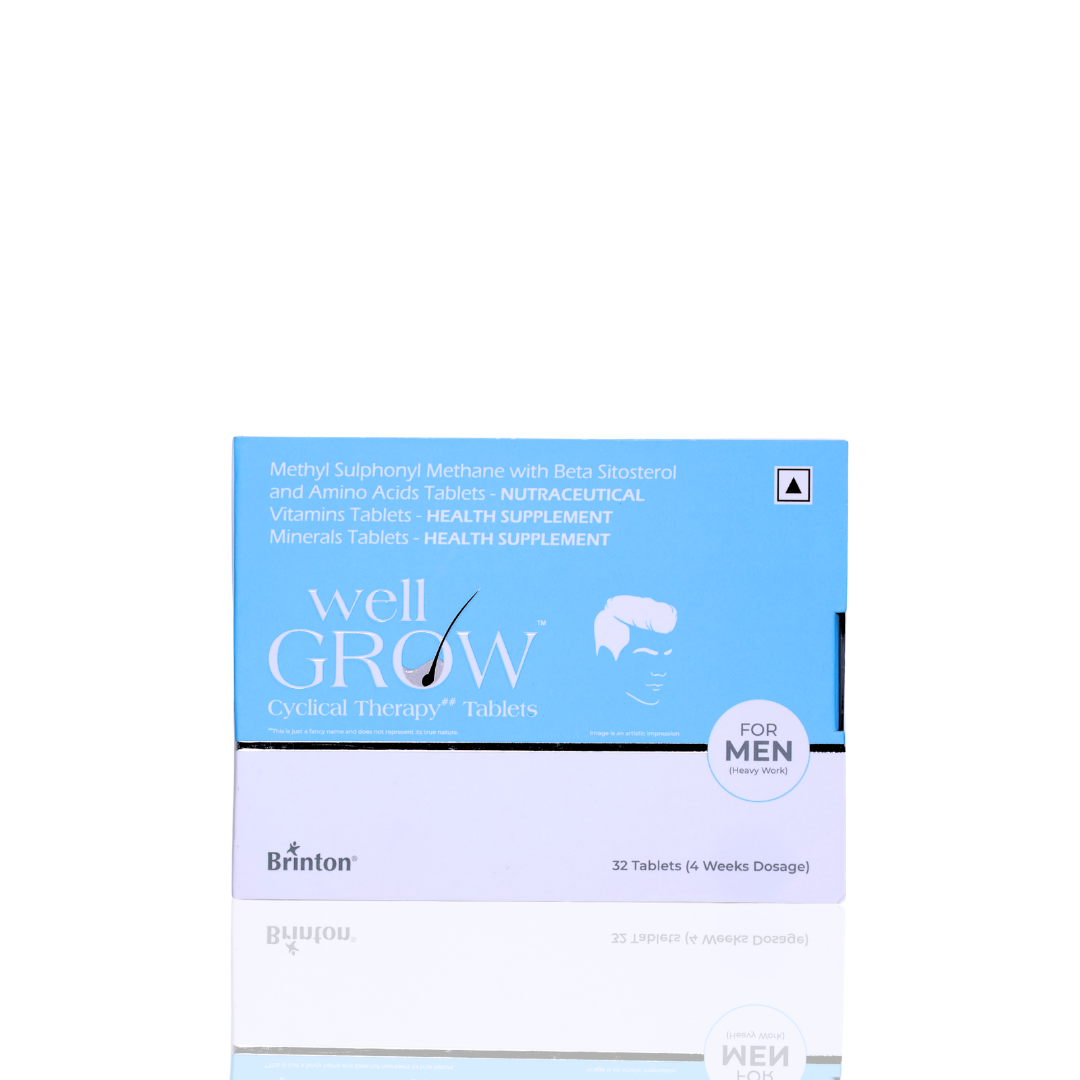 Packaging of Well Grow tablets for men by Brinton on a white background