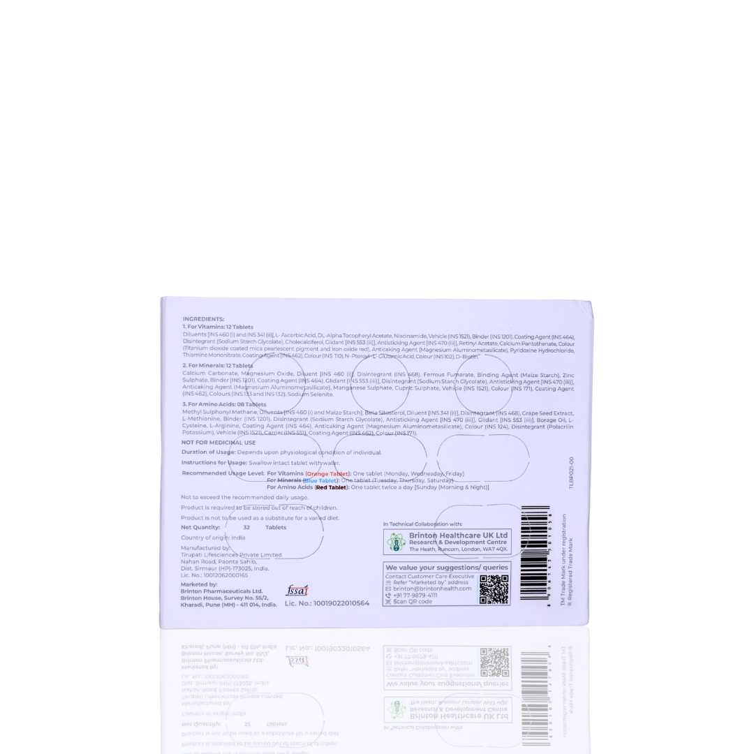 Back label of a product with text and barcodes on a white background
