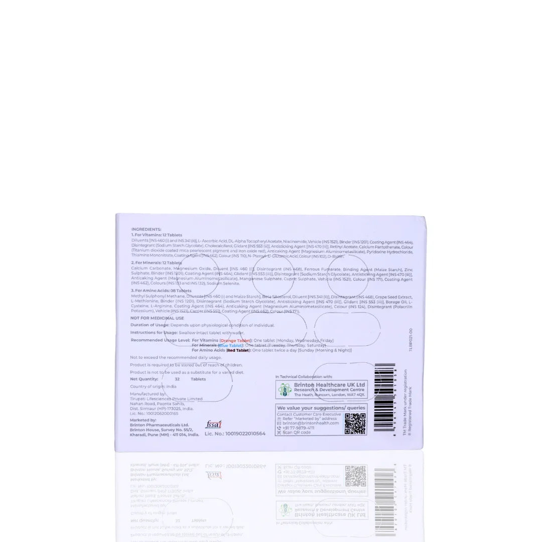 Back label of a product with text and barcodes on a white background