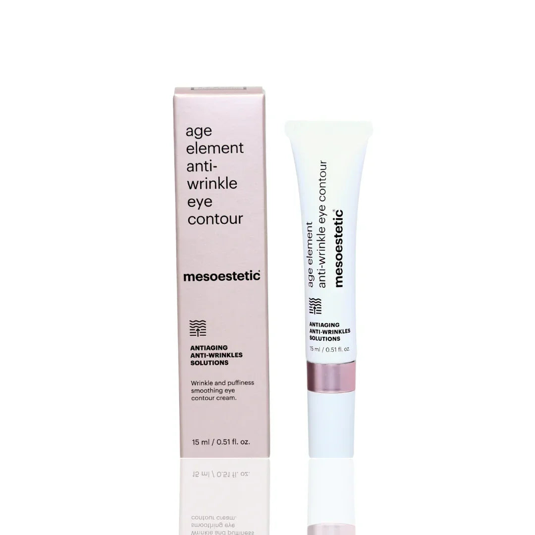 Mesoestetic age element anti-wrinkle eye contour cream and packaging on a white background
