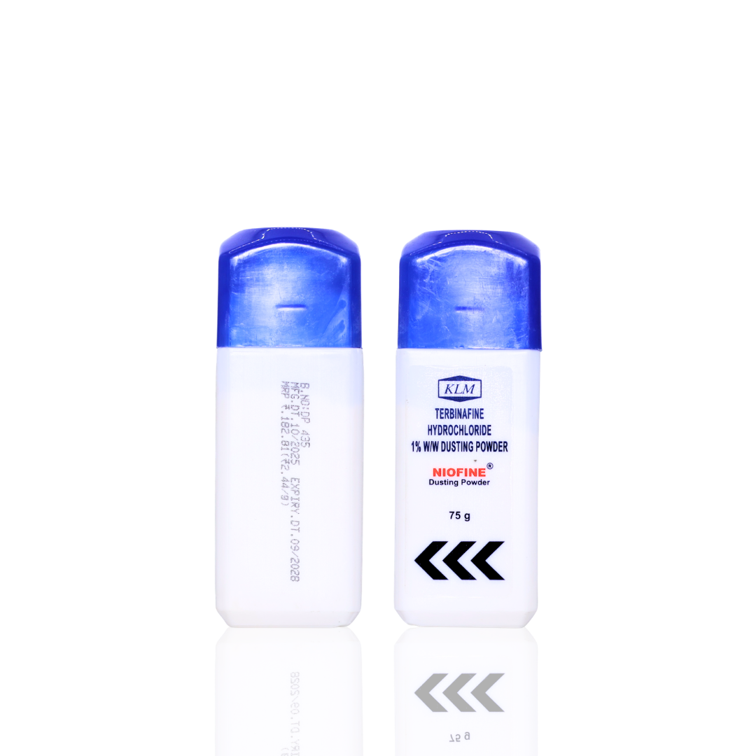Two bottles of KLM terbinafine hydrochloride dusting powder on a white background