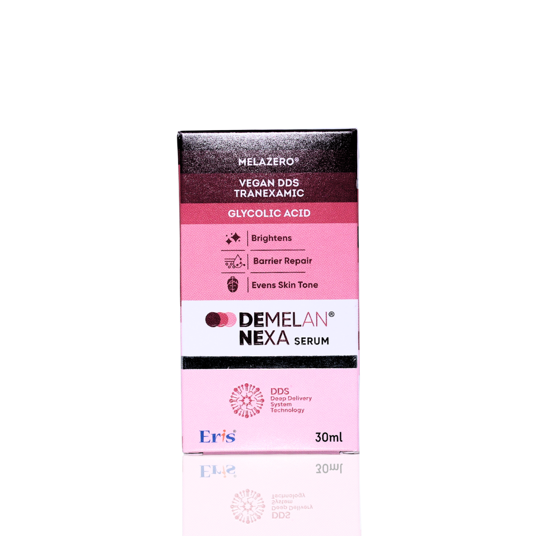 Box of Demelan Nexa serum with pink and black design on a white background