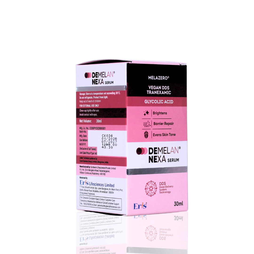 Box of Demelan Nexa Serum with pink and black design on a white background