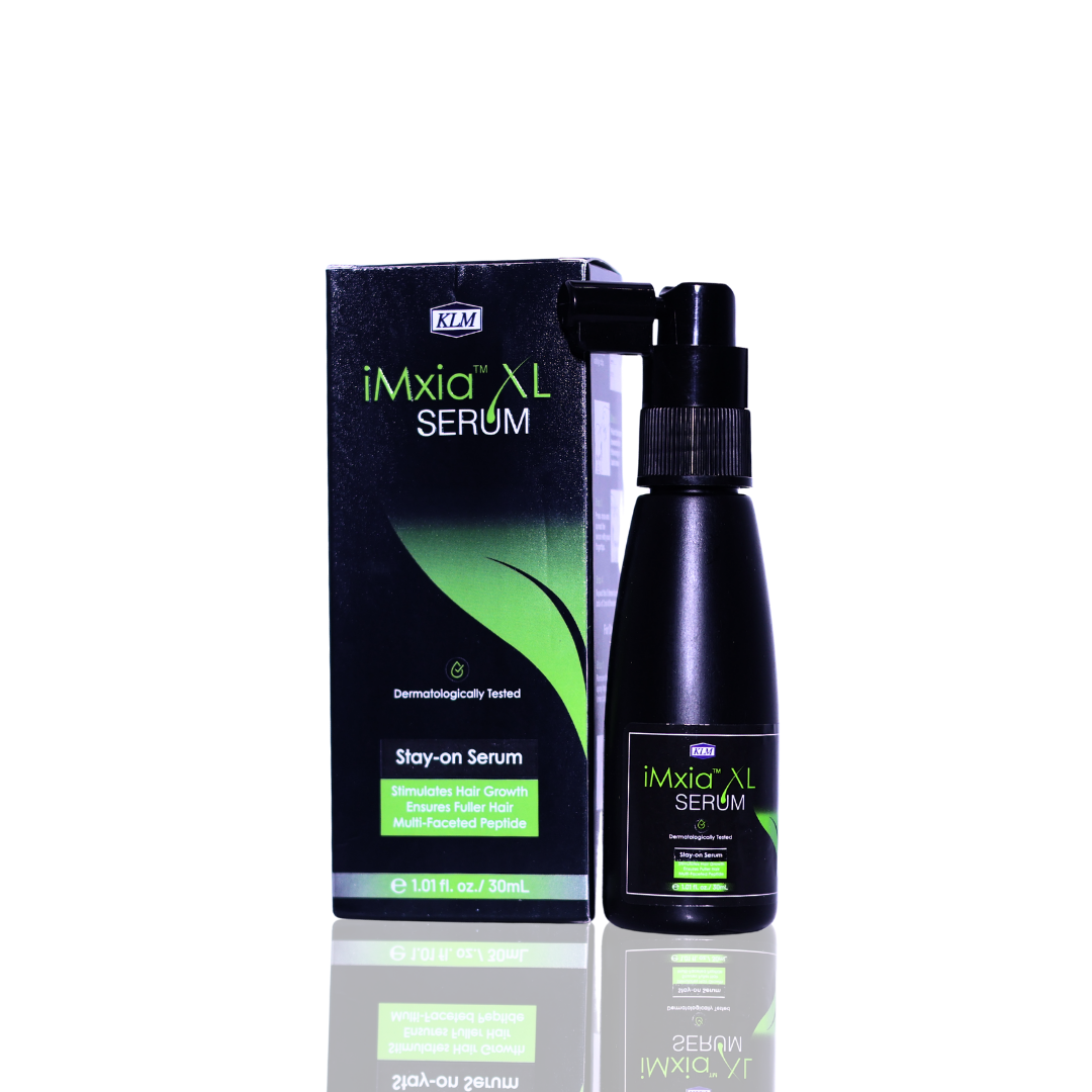 iMxia XL Serum packaging with black bottle and green text on a white background