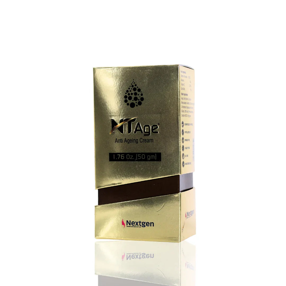 Gold box of NT Age anti-aging cream with Nextgen branding on a white background