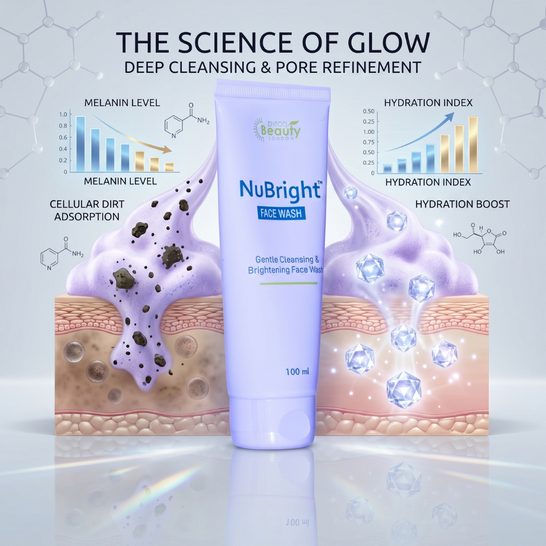 NuBright face wash tube with skin care diagram in the background