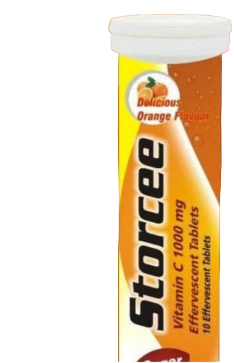 Storcee Vitamin C supplement packaging with orange flavor on a white background