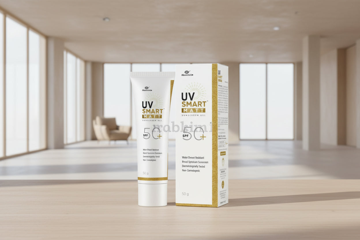 UV Smart MATT sunscreen gel with SPF 50+ on a white background