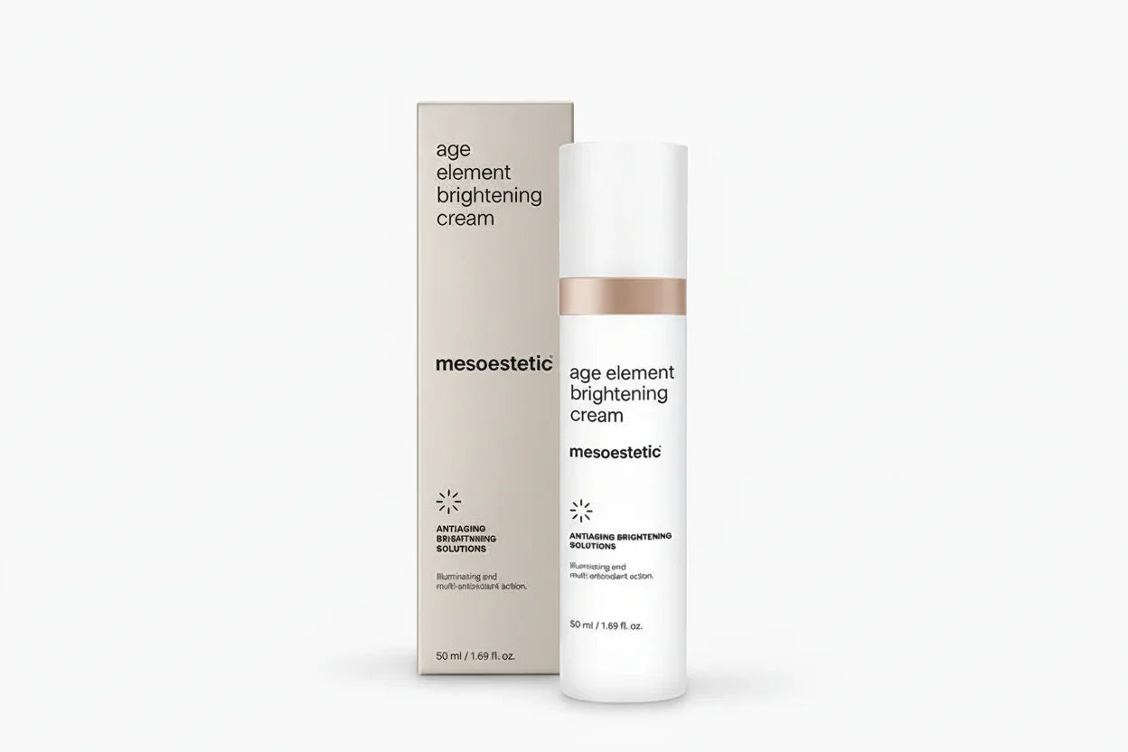 Mesoestetic age element brightening cream bottle and box on a white background