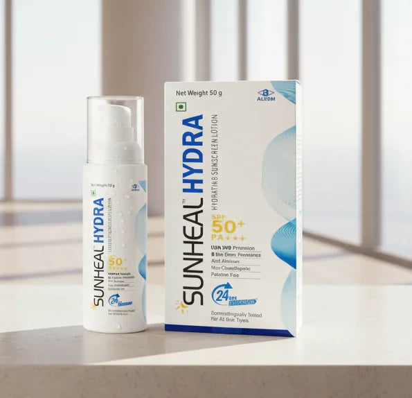 Sunheal Hydra sunscreen lotion packaging on a white background