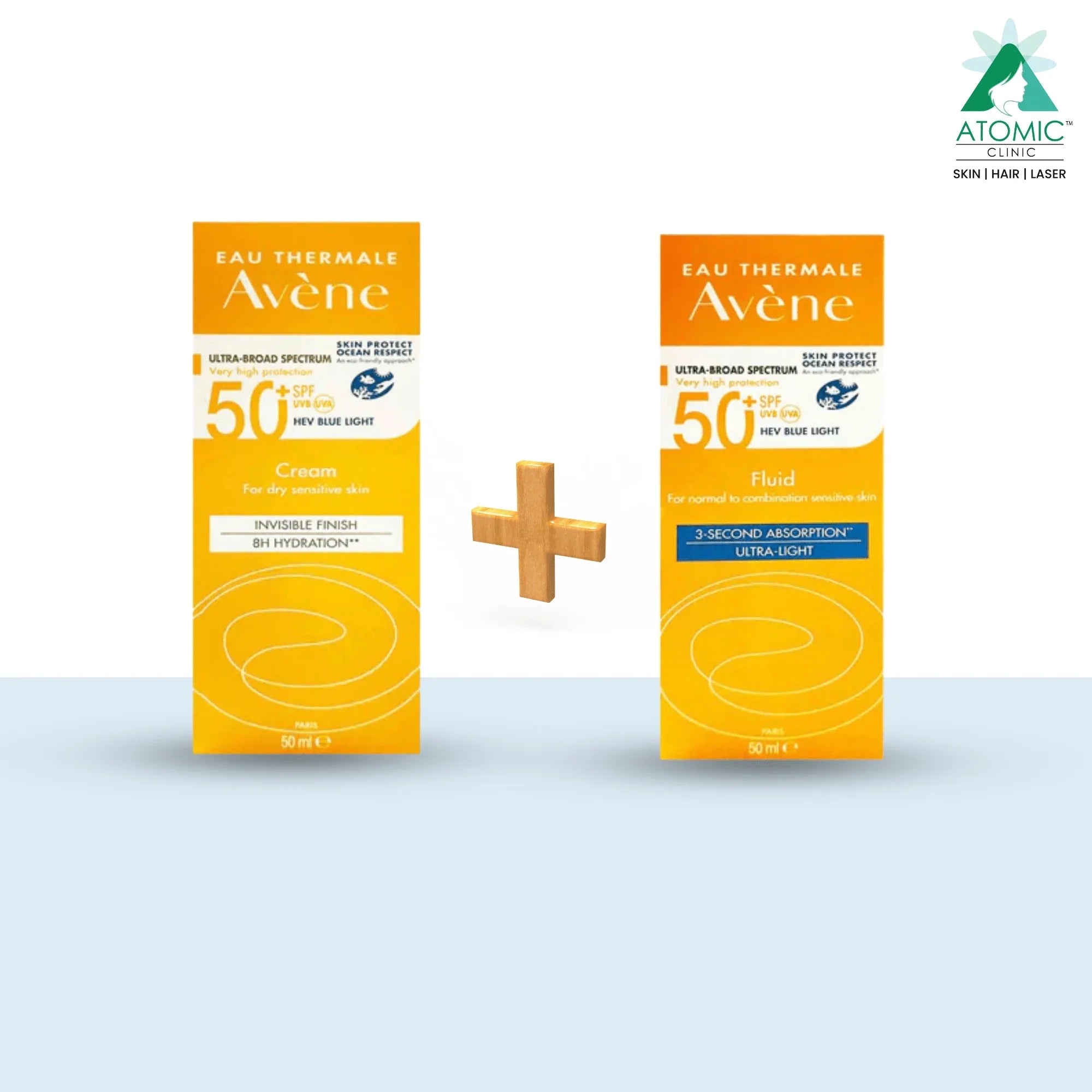 Avene Very High Protection Invisible Finish Sunscreen Cream SPF 50+ + Avene Very High Protection Ultra - Light Sunscreen Fluid SPF 50+ (PACK OF 2) - Atomic Pharmacy -