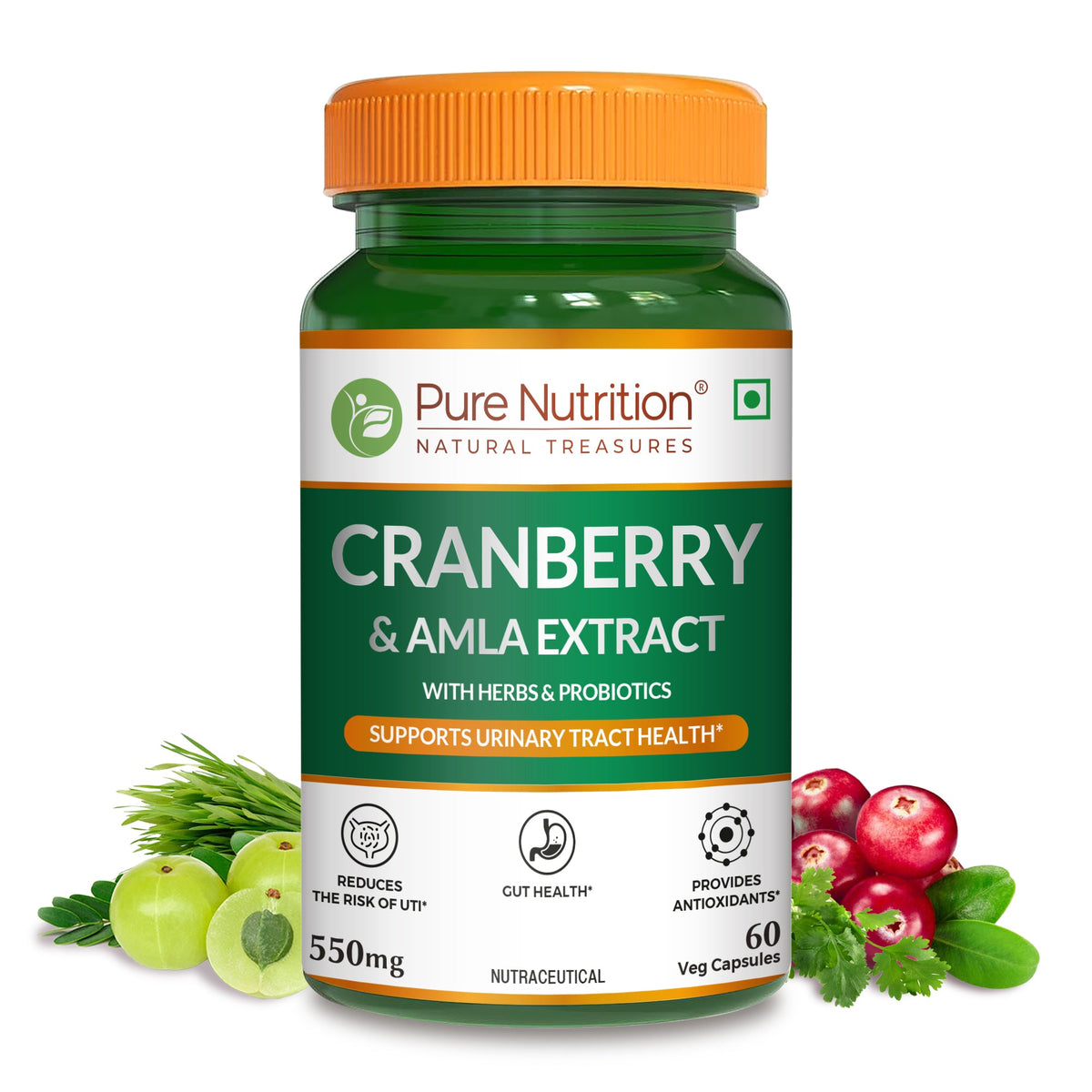 Front view of Pure Nutrition Cranberry & Amla Extract with herbs and probiotics, 550 mg, 60 vegetarian capsules for urinary tract and gut health support.