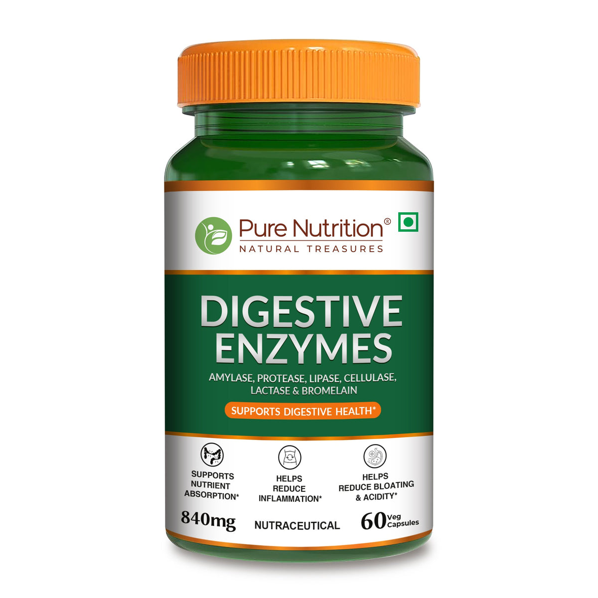 Front view of Pure Nutrition Digestive Enzymes capsules with amylase, protease, lipase, cellulase, lactase, and bromelain to support digestive health.