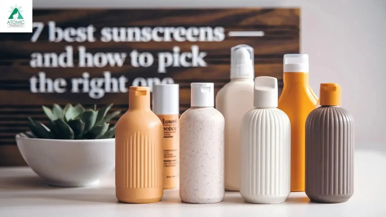 Assorted sunscreen bottles on a table with a plant and skincare advice sign in background.
