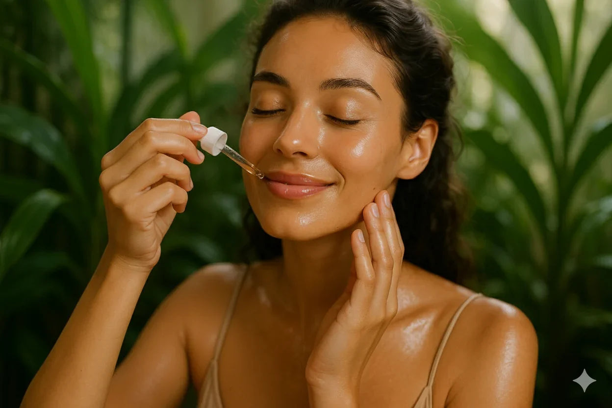 Woman applying facial serum with dropper, dewy skin, natural greenery background, skincare routine