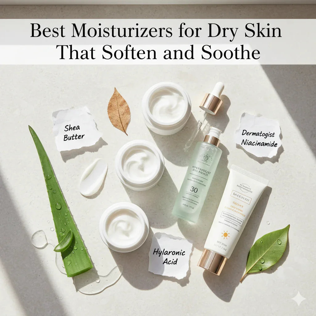 Moisturizer jars, skincare serums, aloe leaf, and key dry skin ingredients on white background