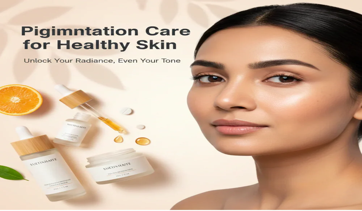 Woman with glowing skin next to skincare products for pigmentation care and even skin tone