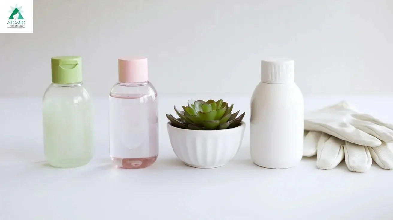 Skincare bottles, a small succulent plant, and white gloves arranged on a white surface