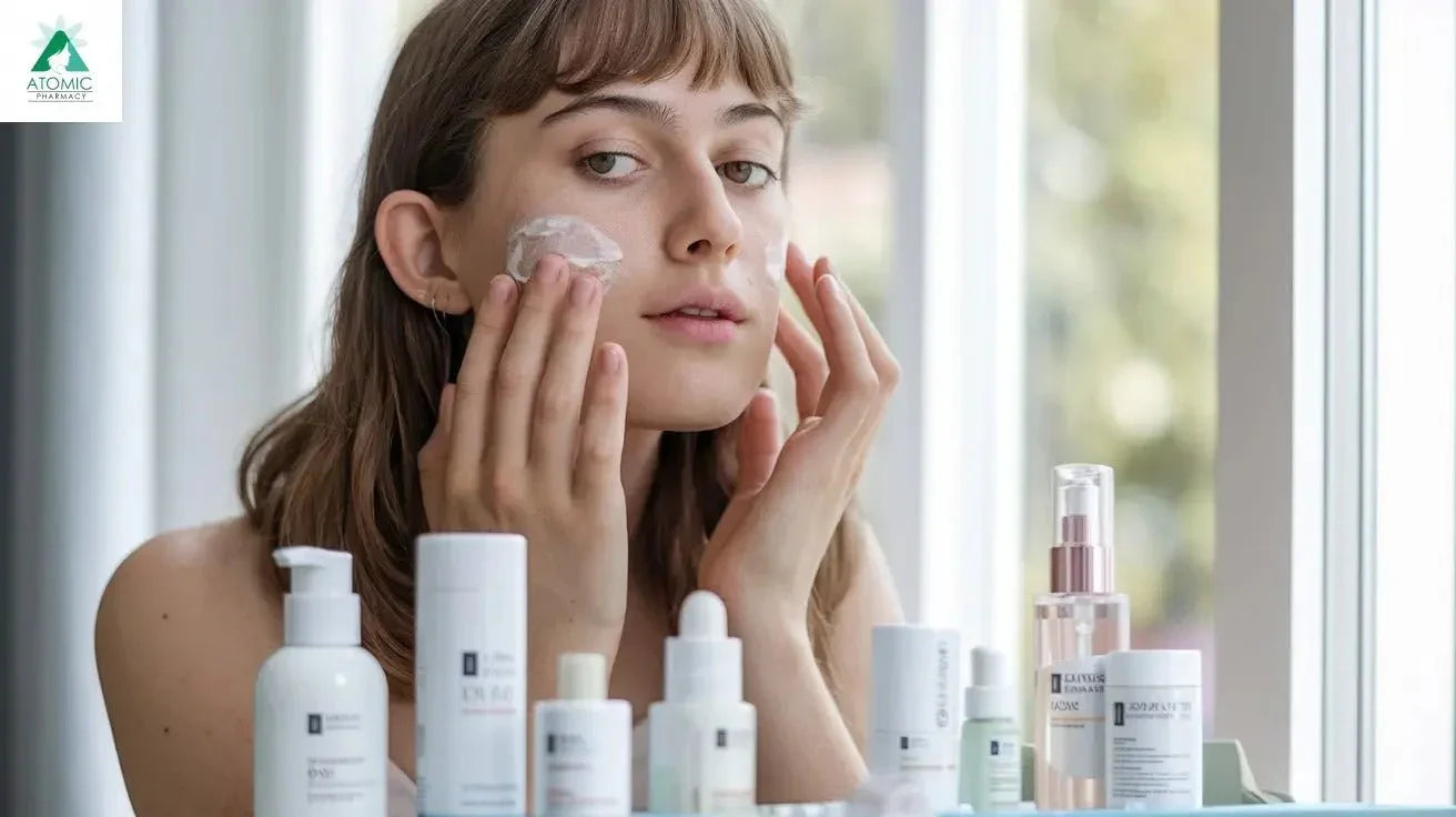 Woman applying face cream with various skincare products on vanity by a window