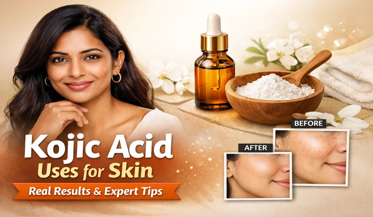 Kojic acid skincare concept with smiling woman, serum bottle, powder, before and after results
