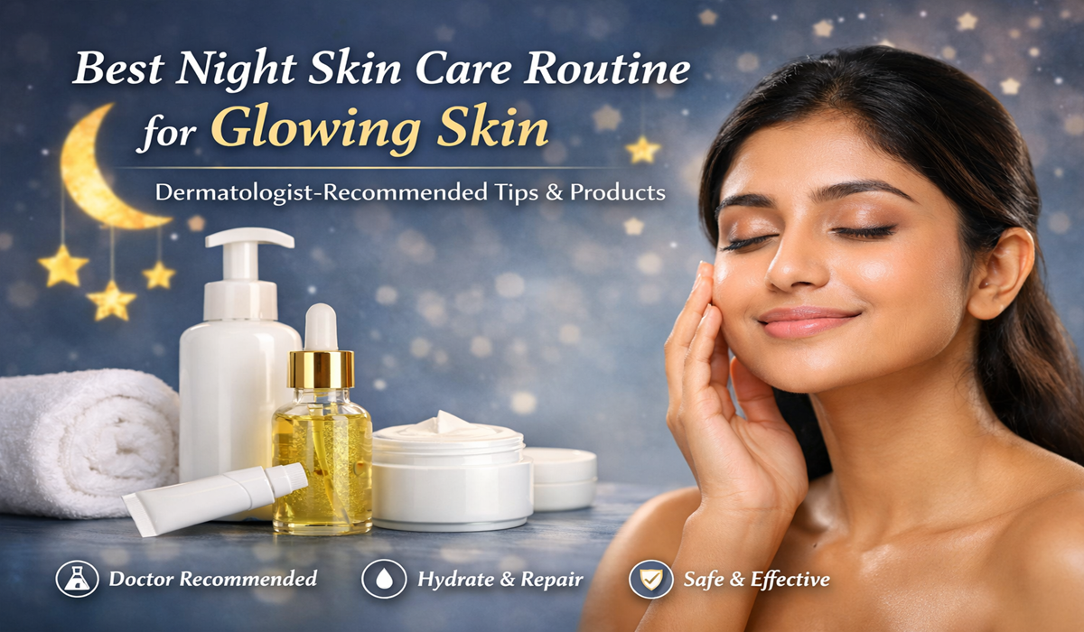 Night skincare routine for glowing skin with dermatologist-recommended products, hydrating serums, and creams