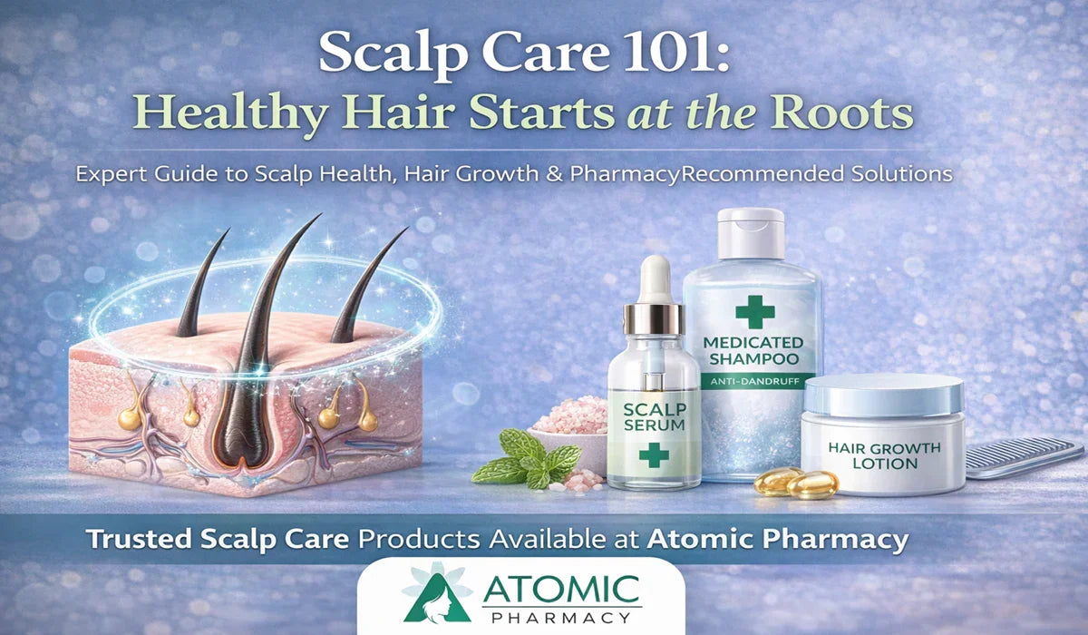 Scalp care products including serum, shampoo, and hair growth lotion beside a scalp illustration