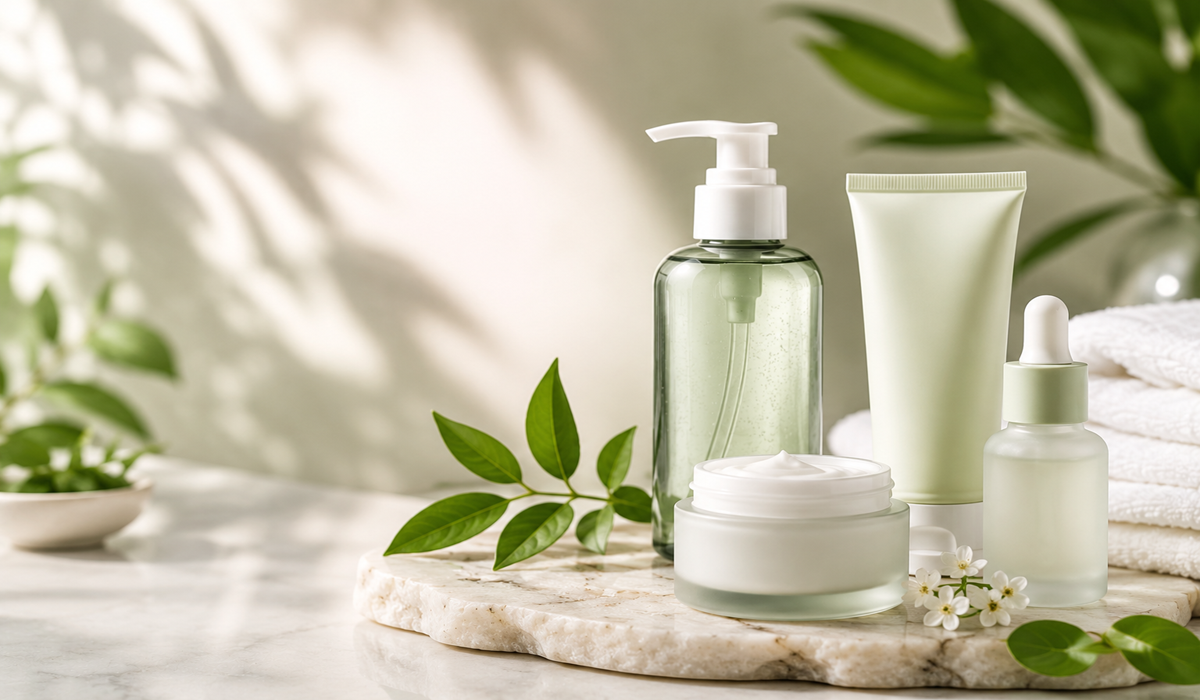 Gentle skincare products for sensitive skin including cleanser, moisturizer, and sunscreen with soothing ingredients.