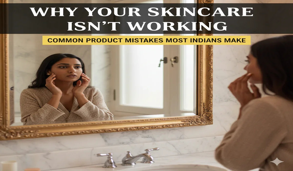 Woman examining her skin in bathroom mirror, skincare concern, common product mistakes text