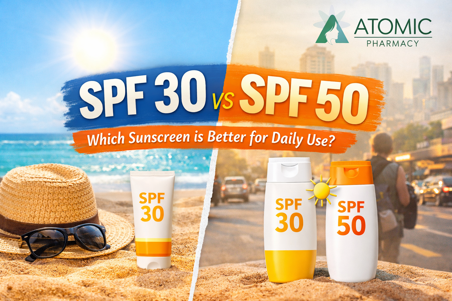 SPF 30 vs SPF 50 sunscreen comparison with beach and city backgrounds, sunscreen bottles, and sun icons.