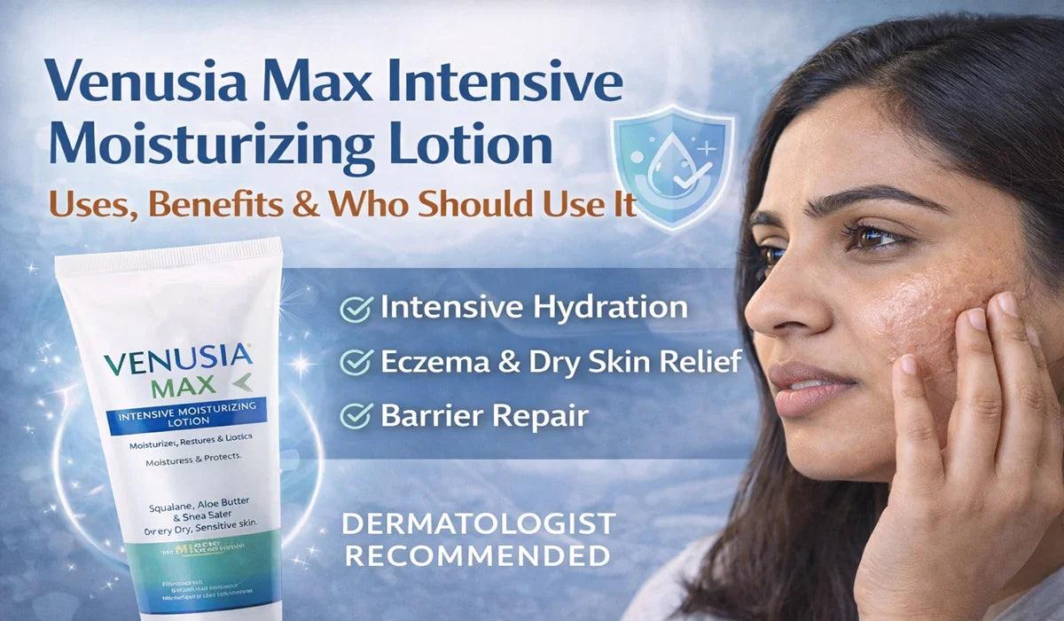 Venusia Max Intensive Moisturizing Lotion tube with woman applying lotion, highlighting hydration, dry skin relief, and dermatologist recommendation.