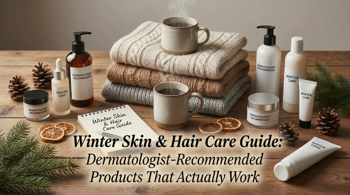 Winter skin and hair care products with cozy knits, steaming mugs, and dermatologist-recommended essentials