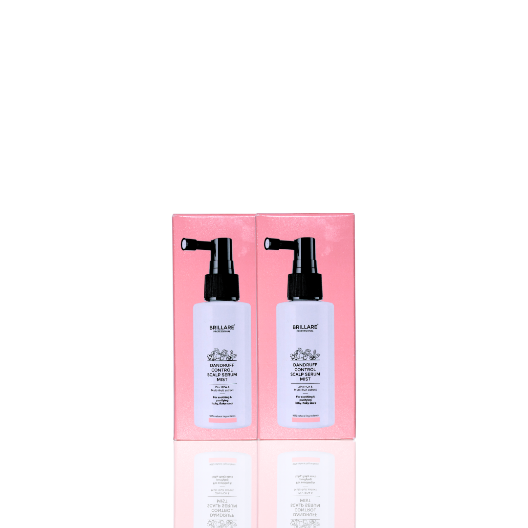 Two bottles of 'Brilliance' scalp serum in a pink box on a white background