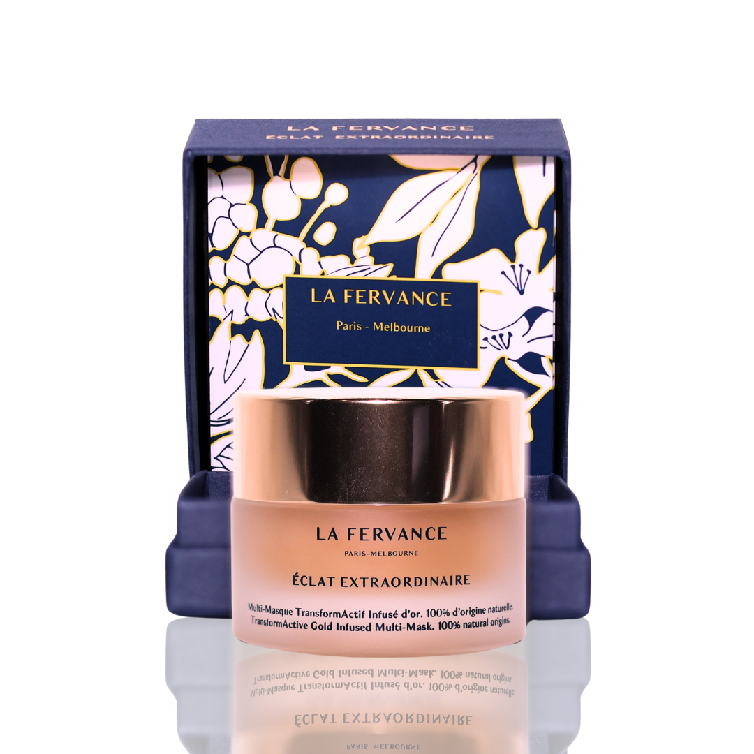 Cosmetic jar with gold lid and 'La Fervance' packaging on a white background