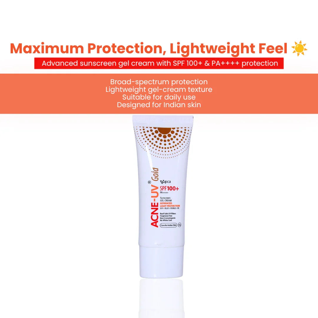 Ipca Acne-UV Gold Advanced Light Protection Sunscreen Gel Cream SPF 100+ PA++++ - Atomic Pharmacy