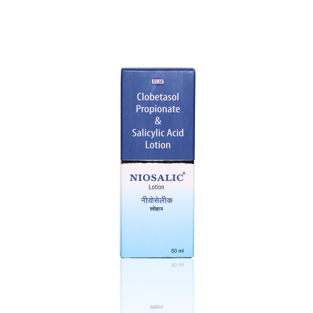 Niosalic lotion packaging with blue and white design on a white background