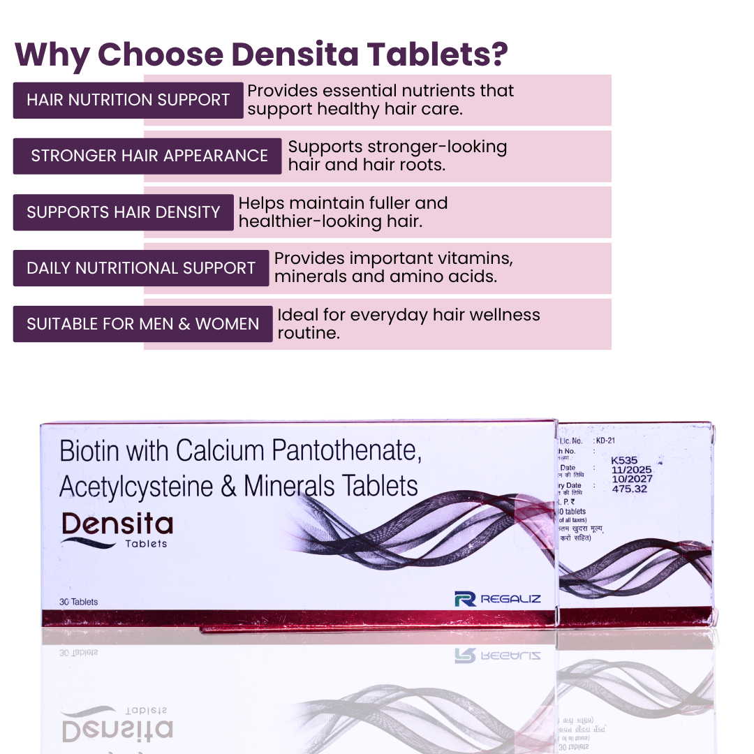 Densita Tablets packaging with hair care benefits listed on a white background