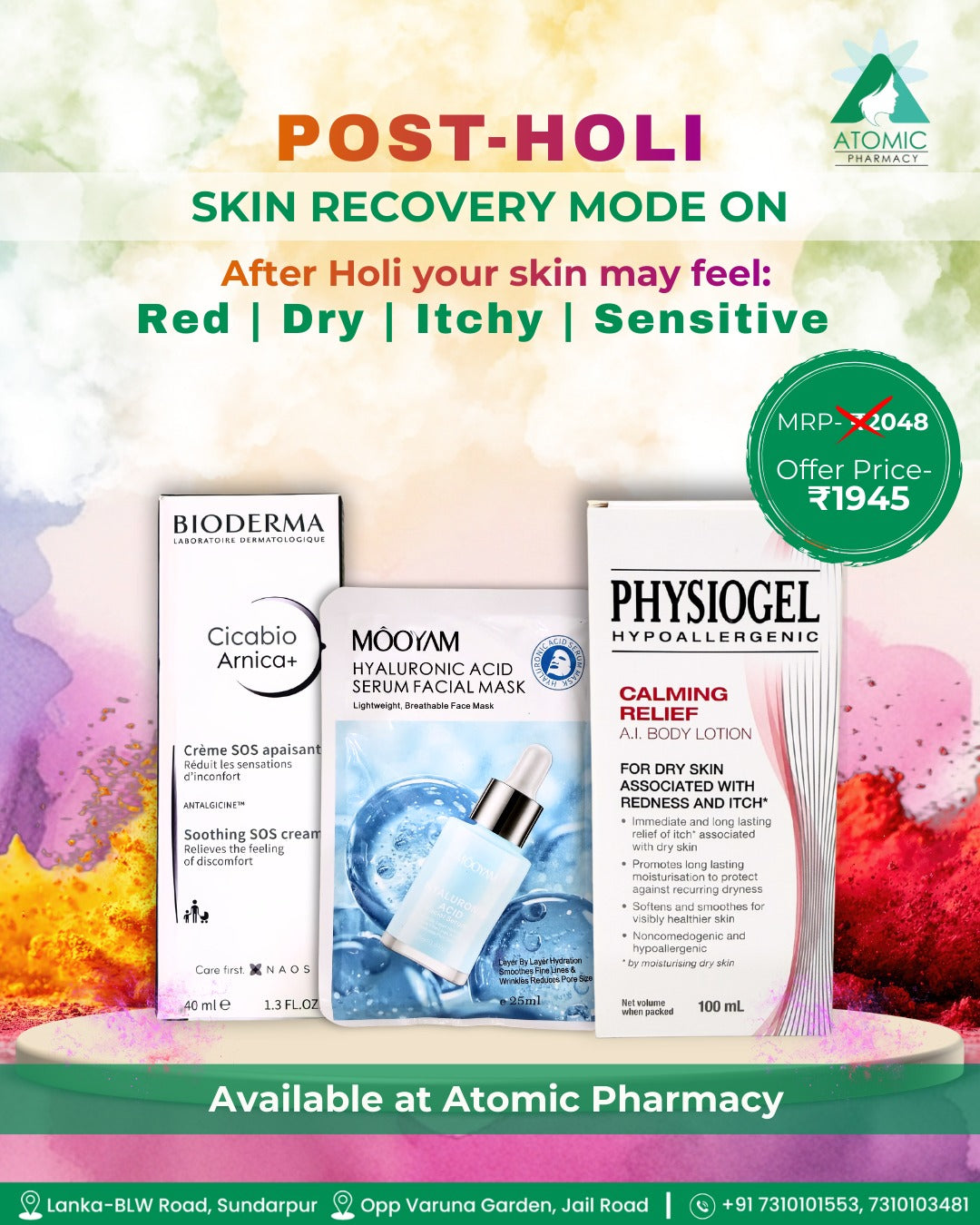 Bioderma Cicabio Arnica+ + Mooyam Serums Sheet Mask + Physiogel Hypoallergenic Calming Relief A.I. Body Lotion